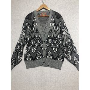 Vtg Chartwell Sweater Mens Large Grandpa Cardigan Leather Patches Black White